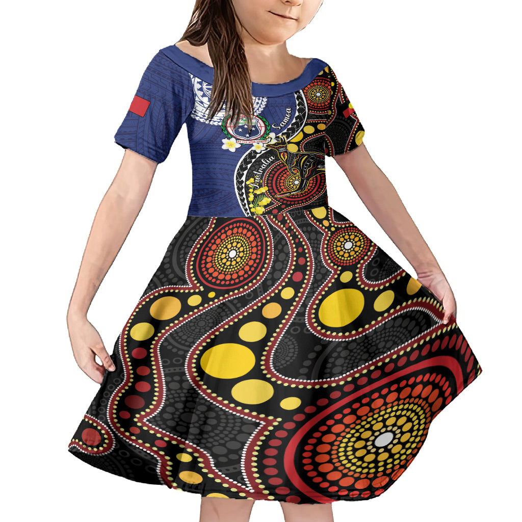 Samoa And Australia Together Kid Short Sleeve Dress Aboriginal Mix Polynesian LT05 KID Blue - Polynesian Pride