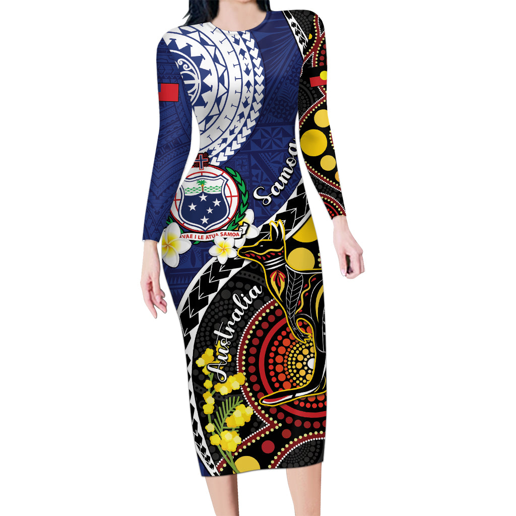 Samoa And Australia Together Long Sleeve Bodycon Dress Aboriginal Mix Polynesian LT05 Long Dress Blue - Polynesian Pride