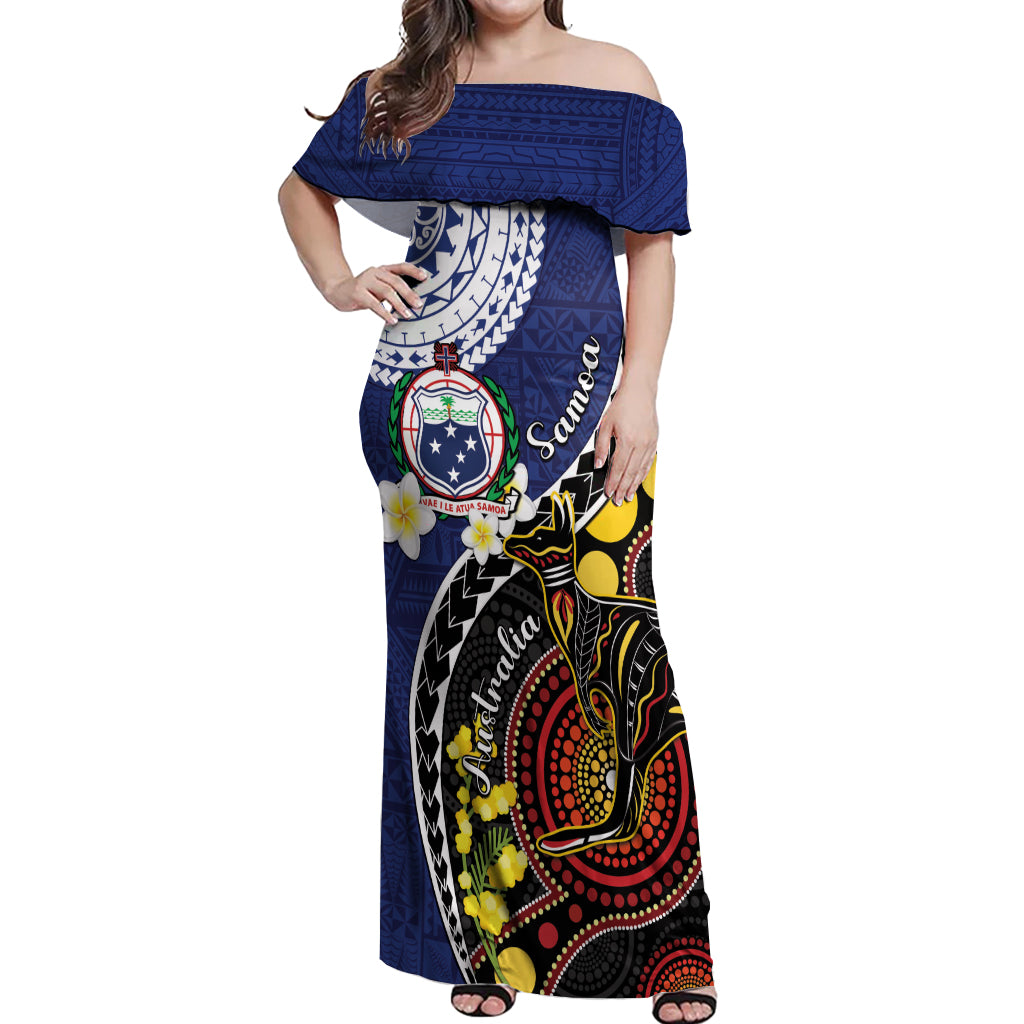 Samoa And Australia Together Off Shoulder Maxi Dress Aboriginal Mix Polynesian LT05 Women Blue - Polynesian Pride