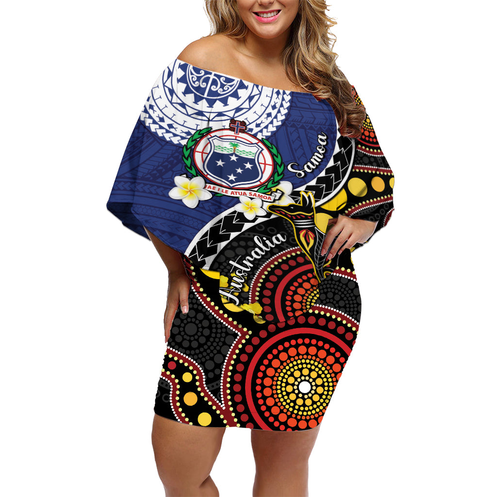 Samoa And Australia Together Off Shoulder Short Dress Aboriginal Mix Polynesian LT05 Women Blue - Polynesian Pride