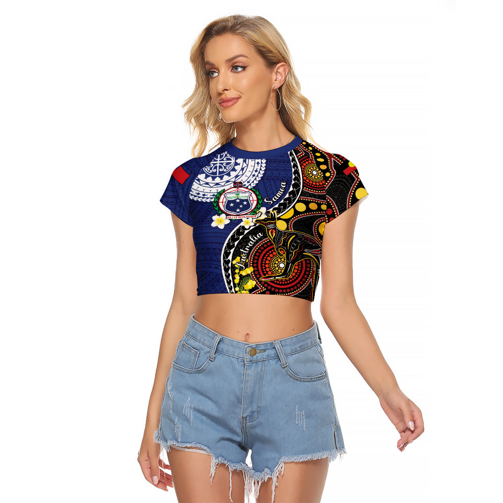 Samoa And Australia Together Raglan Cropped T Shirt Aboriginal Mix Polynesian LT05 Female Blue - Polynesian Pride