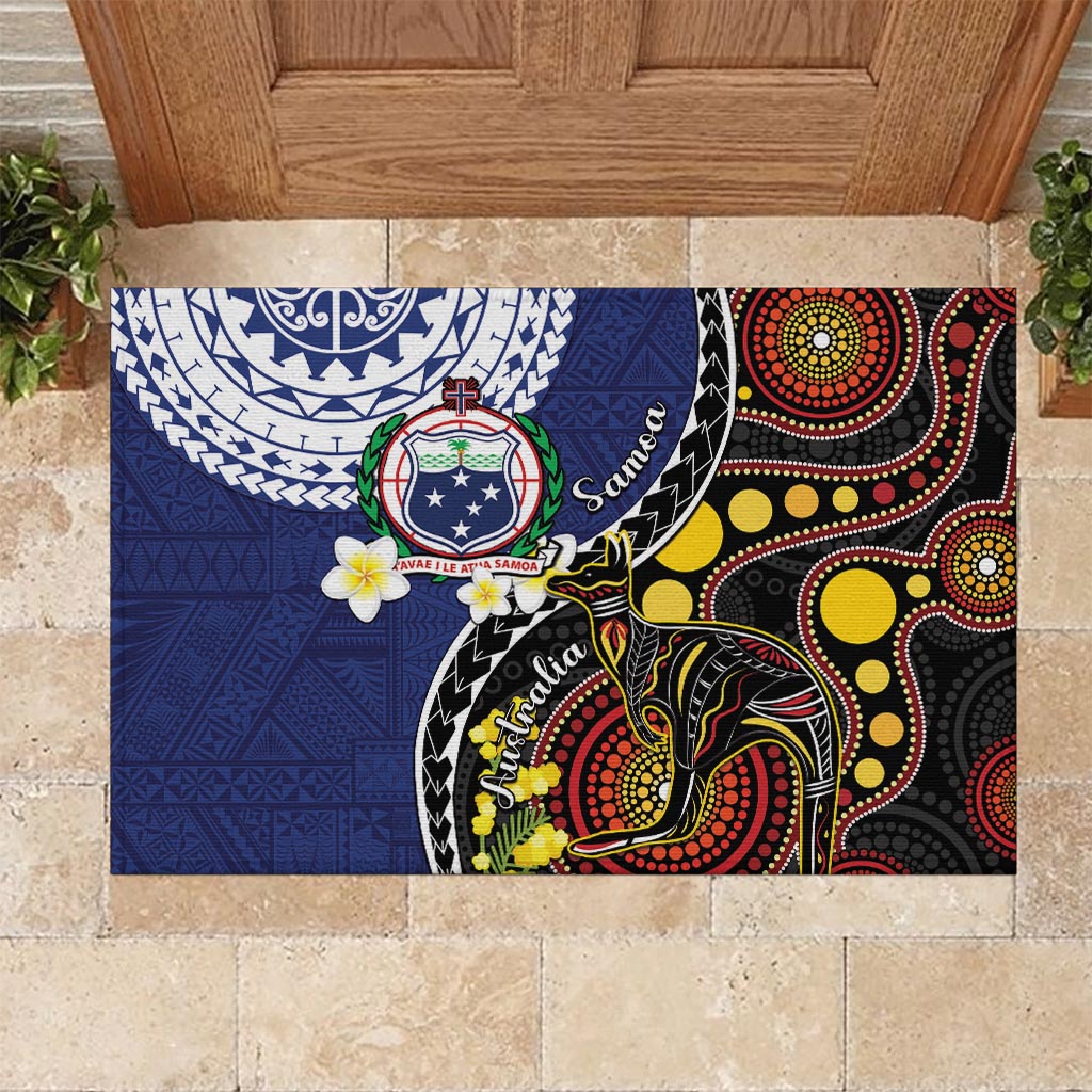 Samoa And Australia Together Rubber Doormat Aboriginal Mix Polynesian LT05 Blue - Polynesian Pride