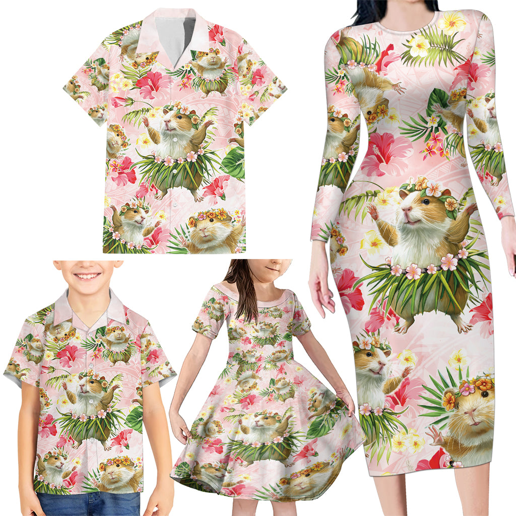 Hawaii Guinea Hula Pig Family Matching Long Sleeve Bodycon Dress and Hawaiian Shirt Funny Tropical Style