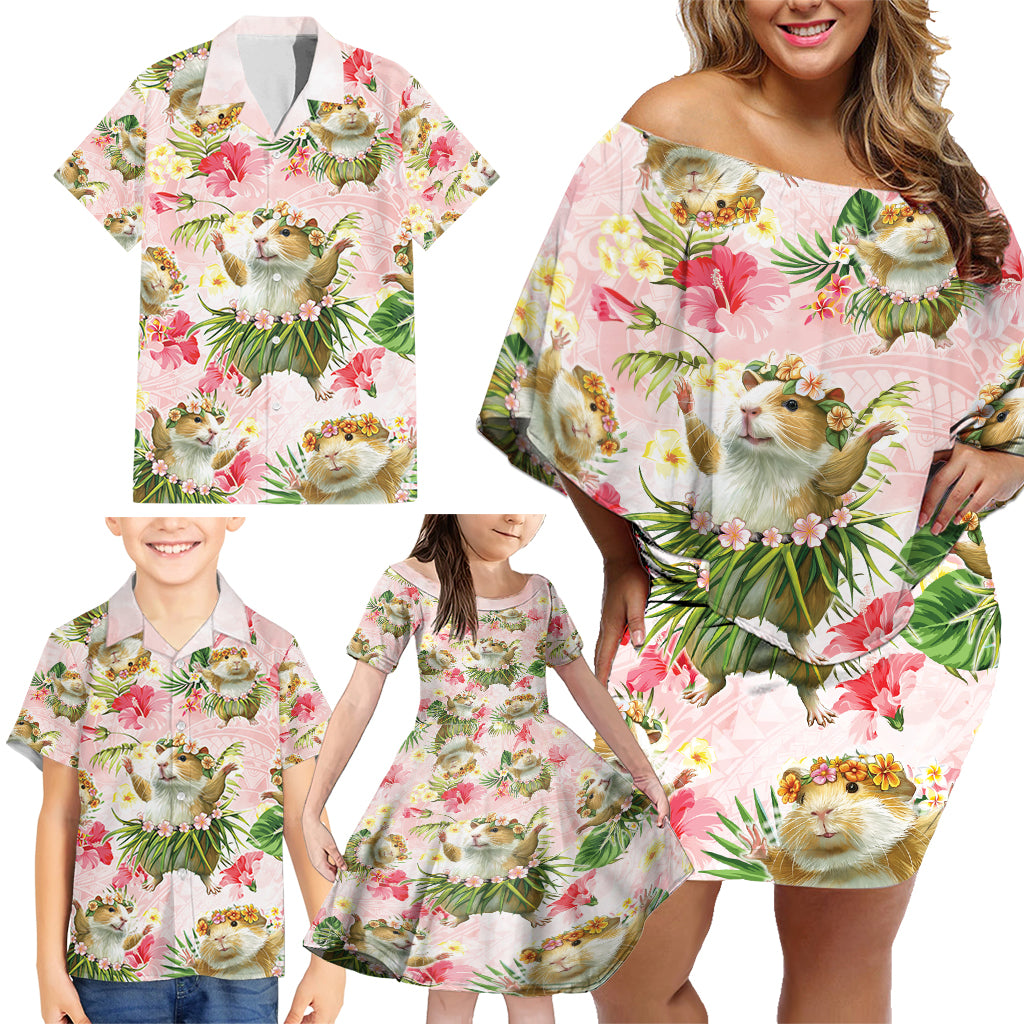 Hawaii Guinea Hula Pig Family Matching Off Shoulder Short Dress and Hawaiian Shirt Funny Tropical Style