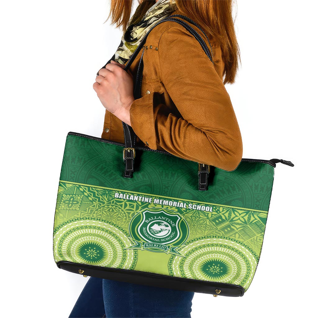 Ballantine Memorial School Leather Tote Bag With Fijian Tapa Pattern LT05 Green - Polynesian Pride