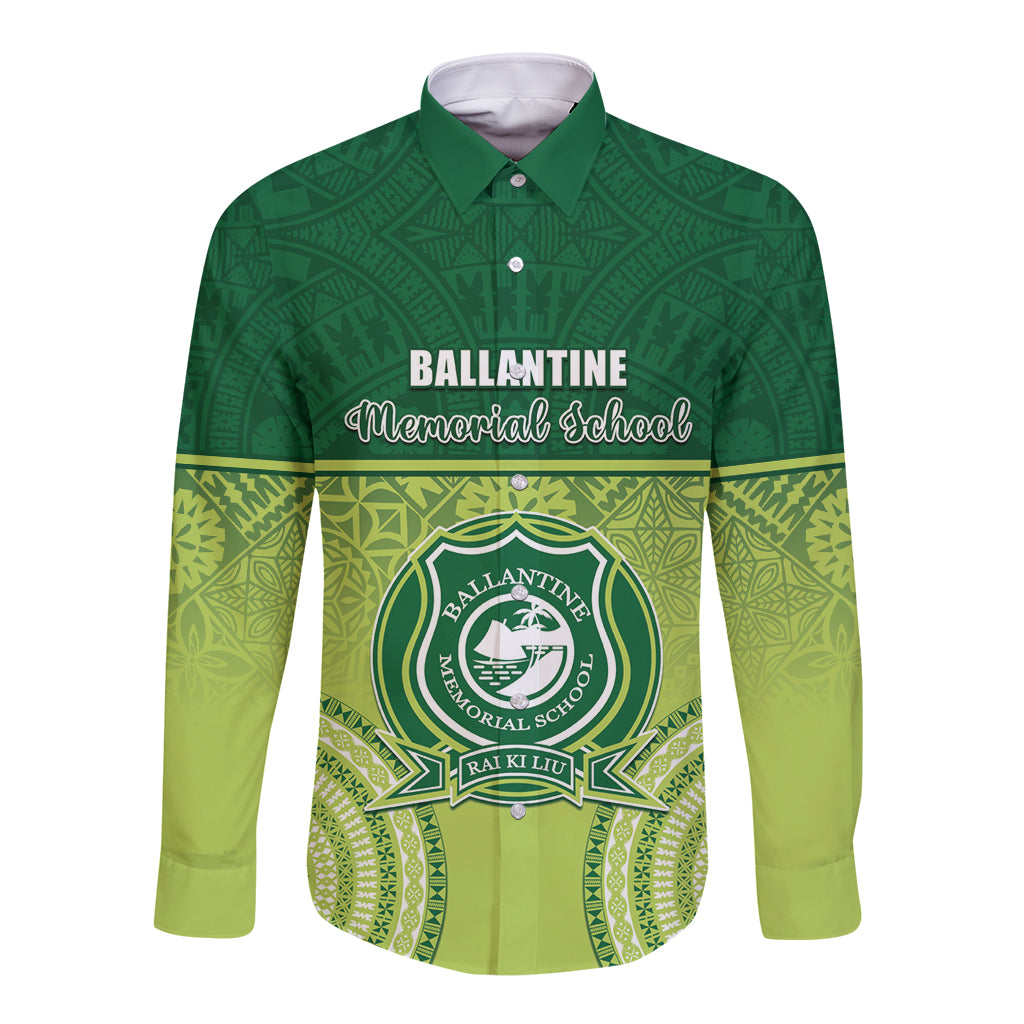 Personalised Ballantine Memorial School Long Sleeve Button Shirt With Fijian Tapa Pattern LT05 Unisex Green - Polynesian Pride