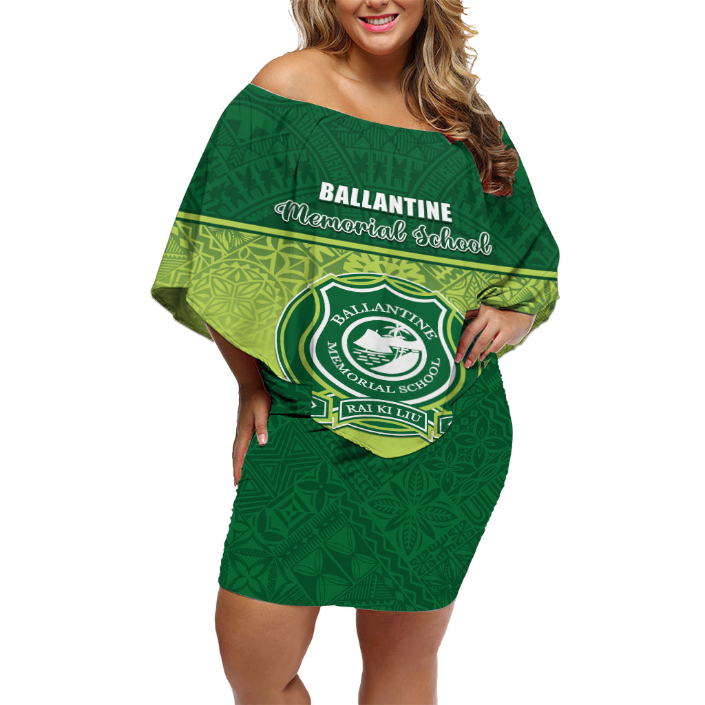 Personalised Ballantine Memorial School Off Shoulder Short Dress With Fijian Tapa Pattern LT05 Women Green - Polynesian Pride