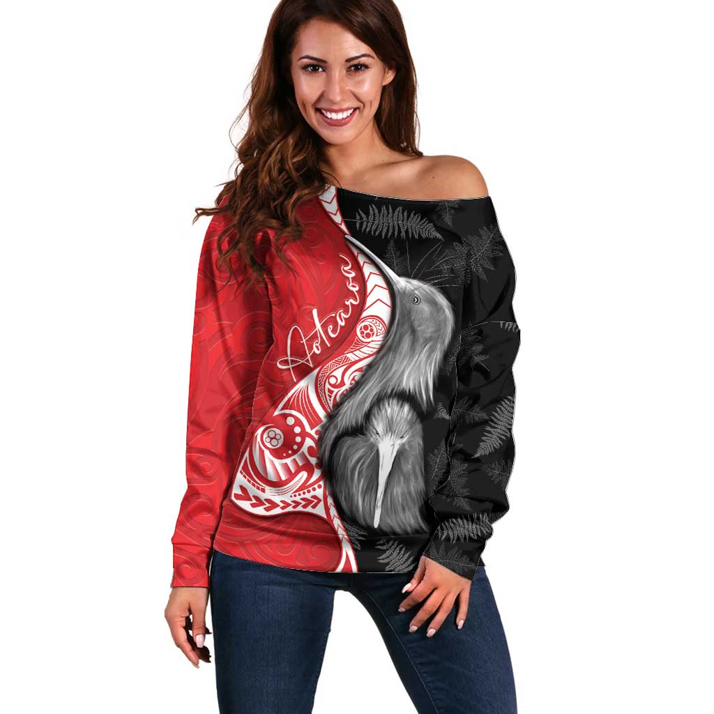 New Zealand Aotearoa Off Shoulder Sweater Kiwi Fern Maori Pattern Red Version LT05 Women Red - Polynesian Pride
