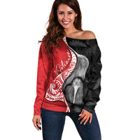 New Zealand Aotearoa Off Shoulder Sweater Kiwi Fern Maori Pattern Red Version LT05 Women Red - Polynesian Pride