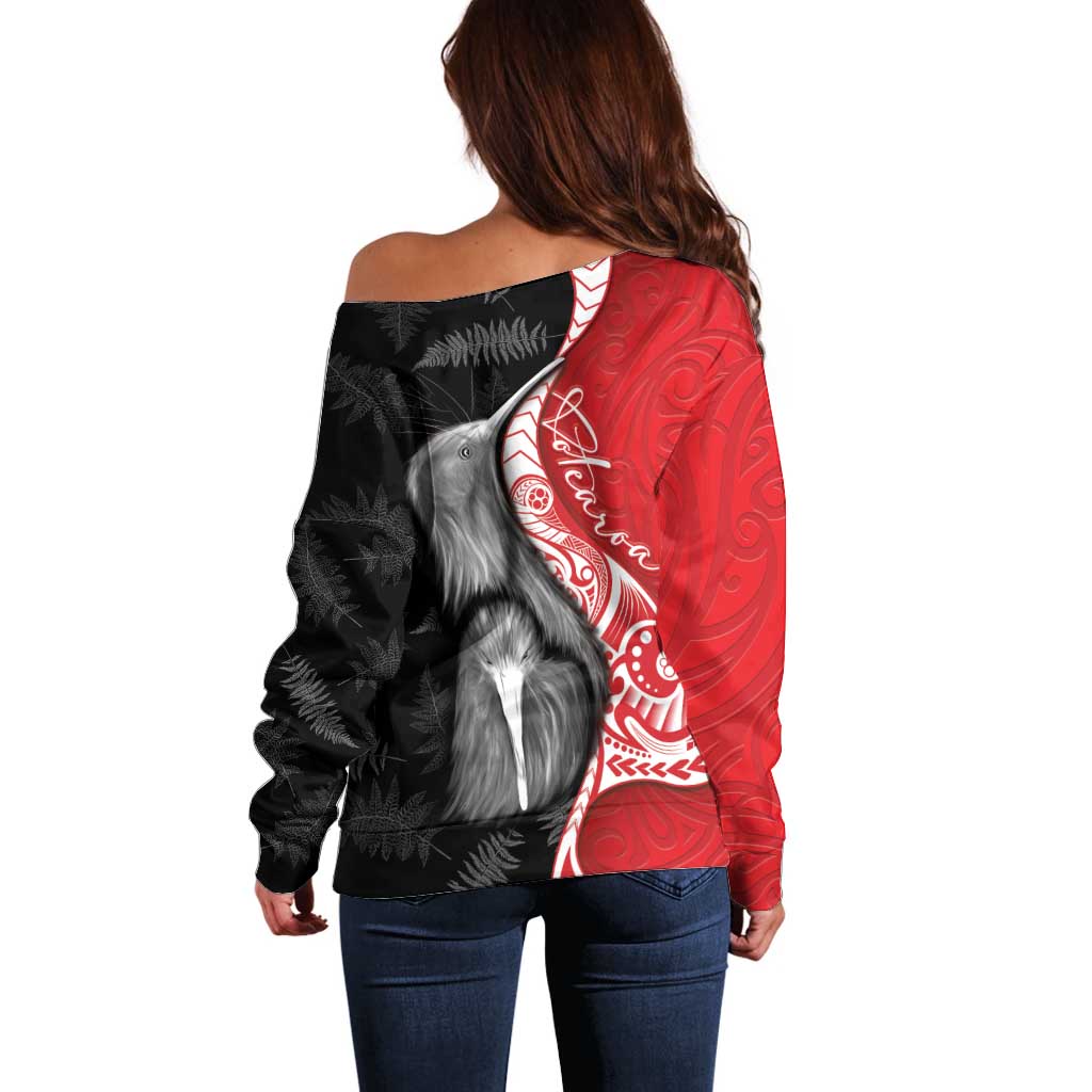 New Zealand Aotearoa Off Shoulder Sweater Kiwi Fern Maori Pattern Red Version LT05 - Polynesian Pride