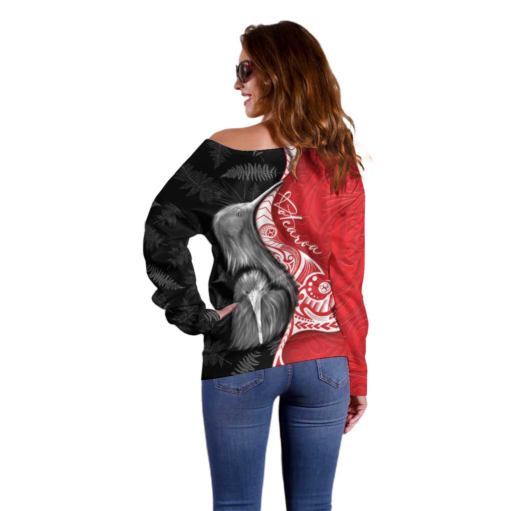 New Zealand Aotearoa Off Shoulder Sweater Kiwi Fern Maori Pattern Red Version LT05 - Polynesian Pride