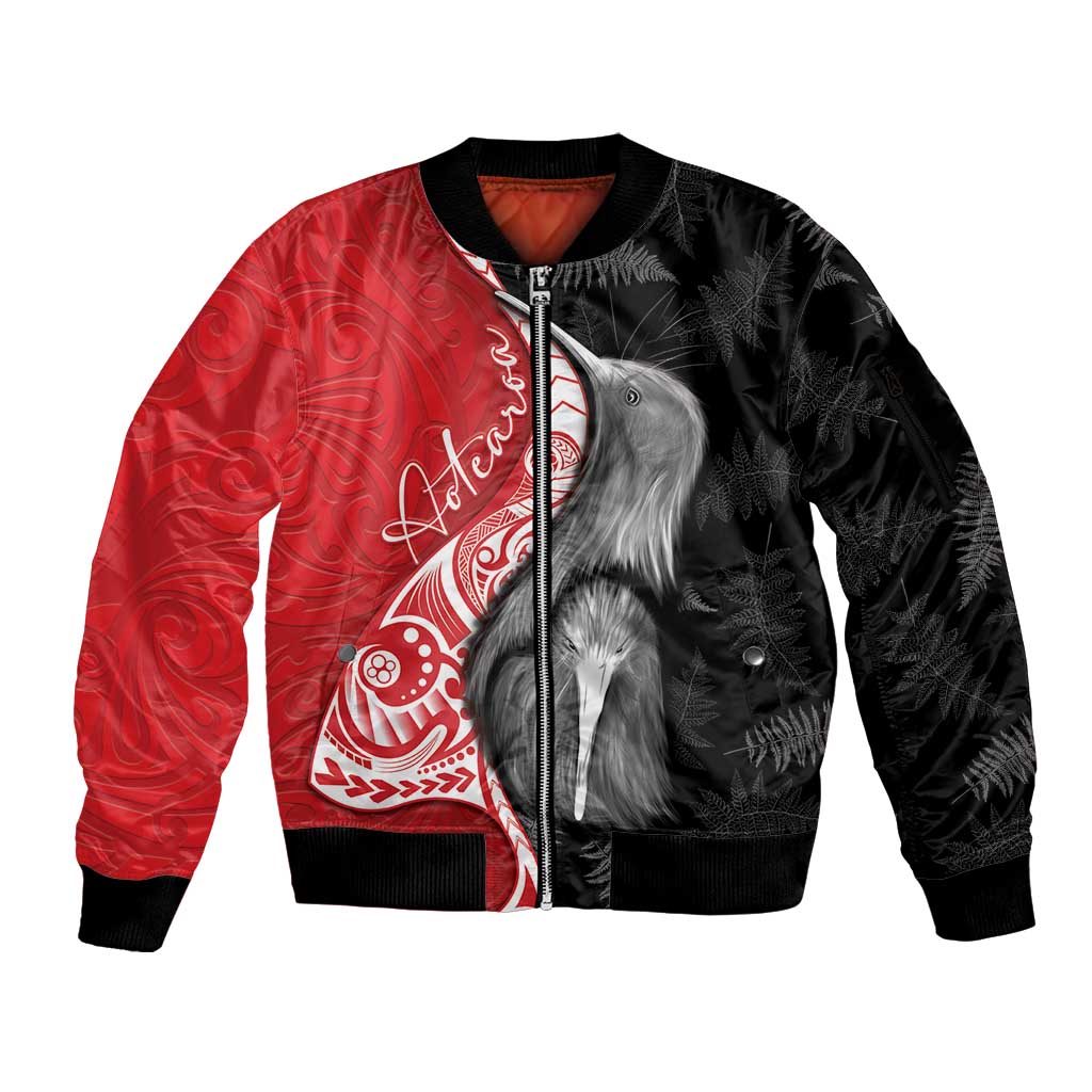 New Zealand Aotearoa Sleeve Zip Bomber Jacket Kiwi Fern Maori Pattern Red Version LT05 Unisex Red - Polynesian Pride