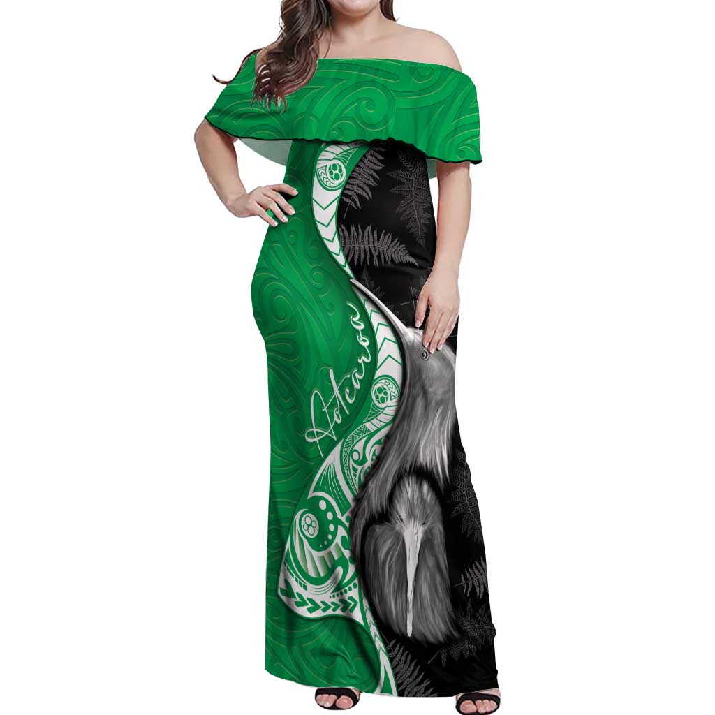 New Zealand Aotearoa Off Shoulder Maxi Dress Kiwi Fern Maori Pattern Green Version LT05 Women Green - Polynesian Pride