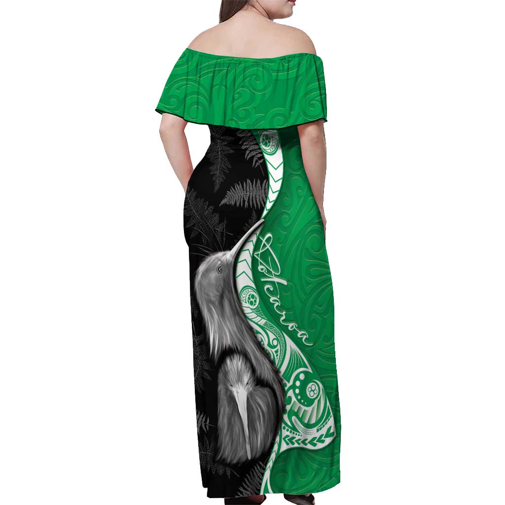 New Zealand Aotearoa Off Shoulder Maxi Dress Kiwi Fern Maori Pattern Green Version LT05 - Polynesian Pride
