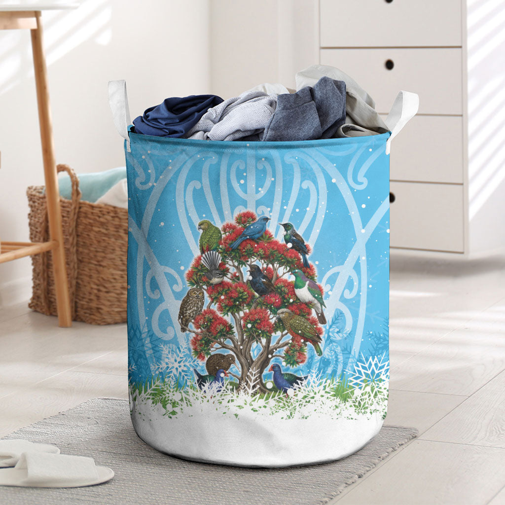 New Zealand Birds Christmas Laundry Basket Pohutukawa Xmas Tree LT05 Blue - Polynesian Pride