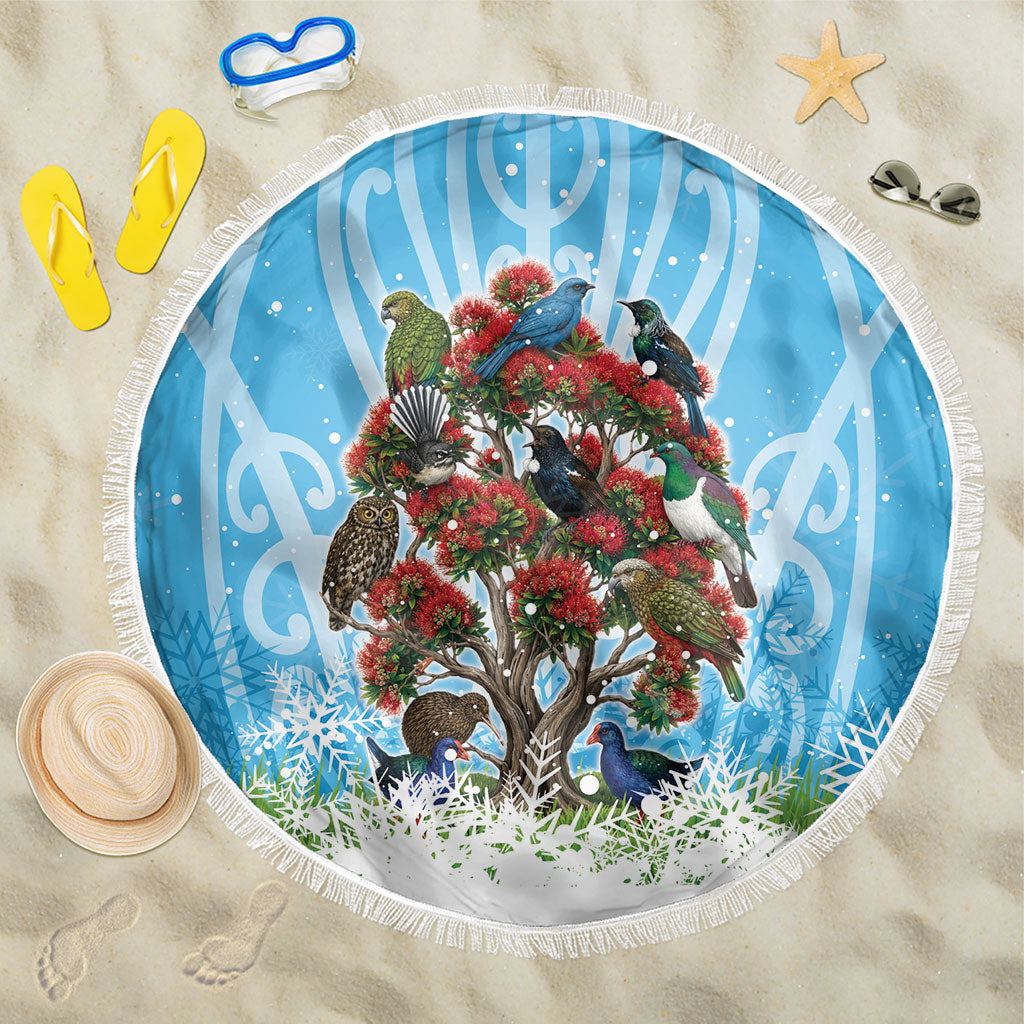 New Zealand Birds Christmas Beach Blanket Pohutukawa Xmas Tree LT05 One Size 150cm Blue - Polynesian Pride
