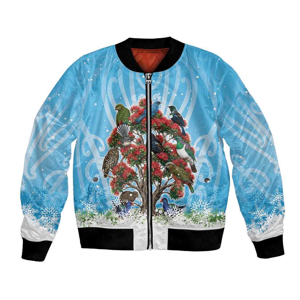 New Zealand Birds Christmas Bomber Jacket Pohutukawa Xmas Tree LT05 Unisex Blue - Polynesian Pride