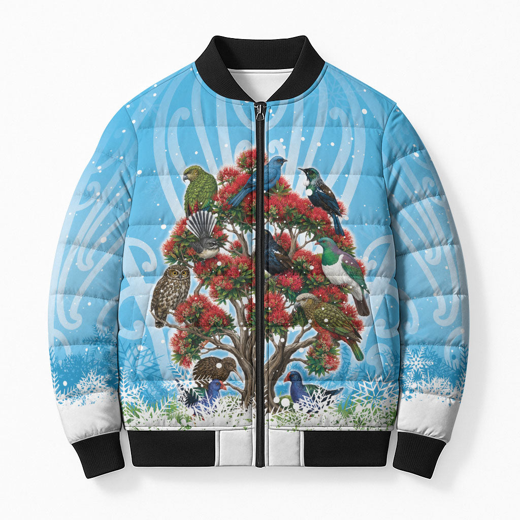 New Zealand Birds Christmas Bomber Puffer Jacket Pohutukawa Xmas Tree LT05 Unisex Blue - Polynesian Pride