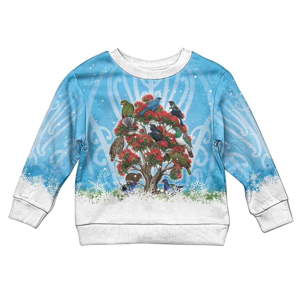 New Zealand Birds Christmas Kid Ugly Christmas Sweater Pohutukawa Xmas Tree LT05 Kid Blue - Polynesian Pride
