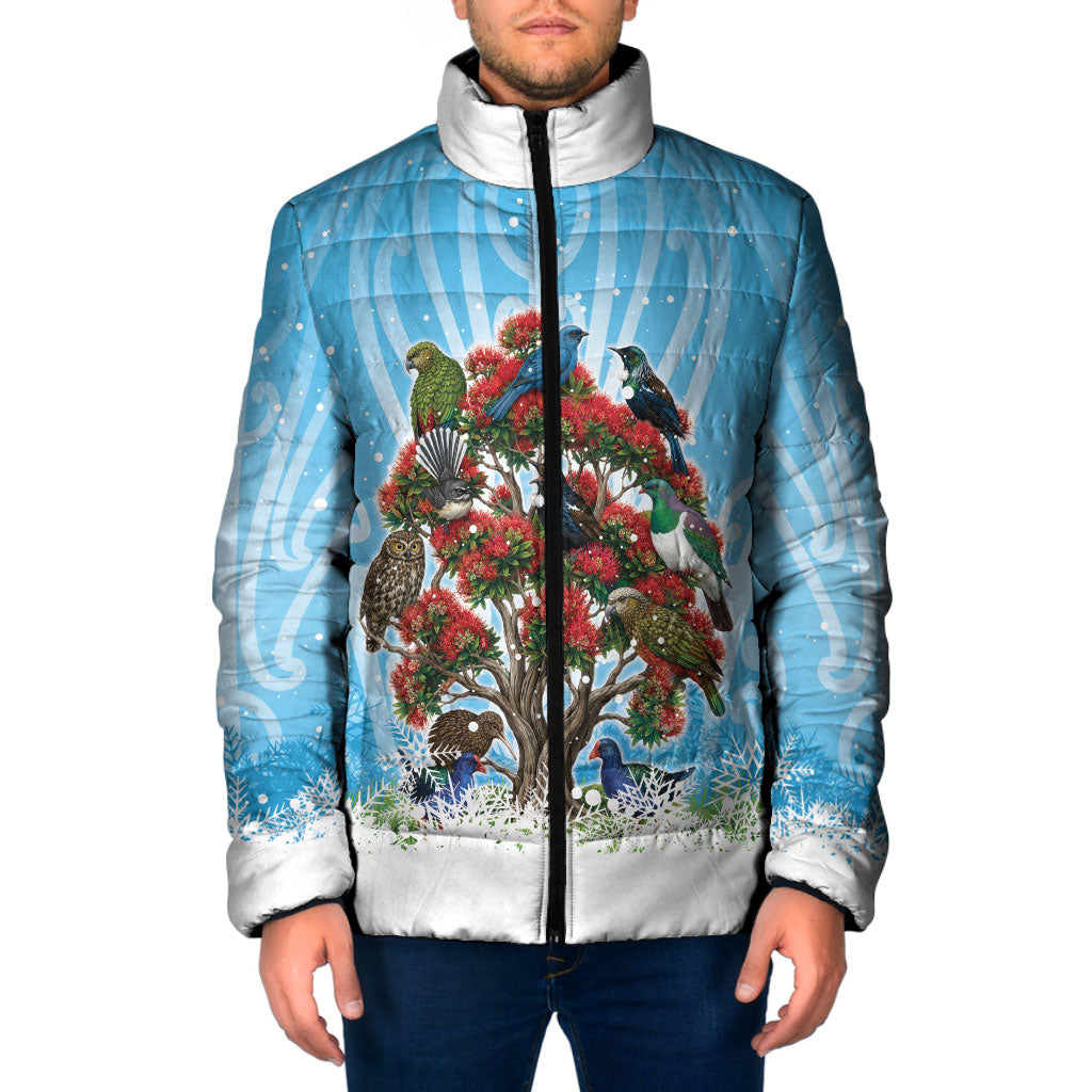 New Zealand Birds Christmas Padded Jacket Pohutukawa Xmas Tree LT05 Men Blue - Polynesian Pride