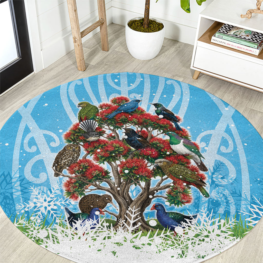 New Zealand Birds Christmas Round Carpet Pohutukawa Xmas Tree LT05 Blue - Polynesian Pride