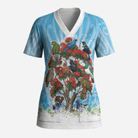 New Zealand Birds Christmas Scrub Top Pohutukawa Xmas Tree LT05 Adult Blue - Polynesian Pride