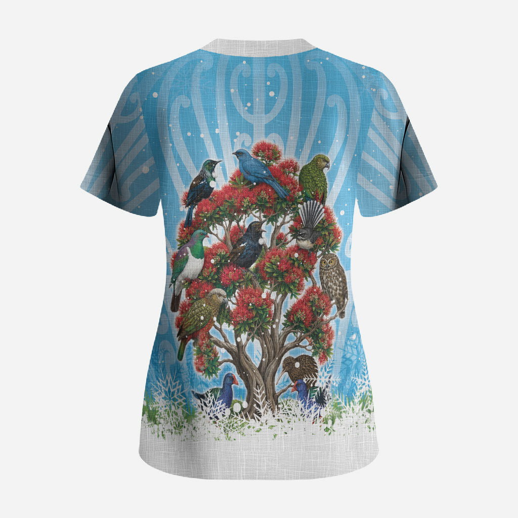 New Zealand Birds Christmas Scrub Top Pohutukawa Xmas Tree LT05 - Polynesian Pride