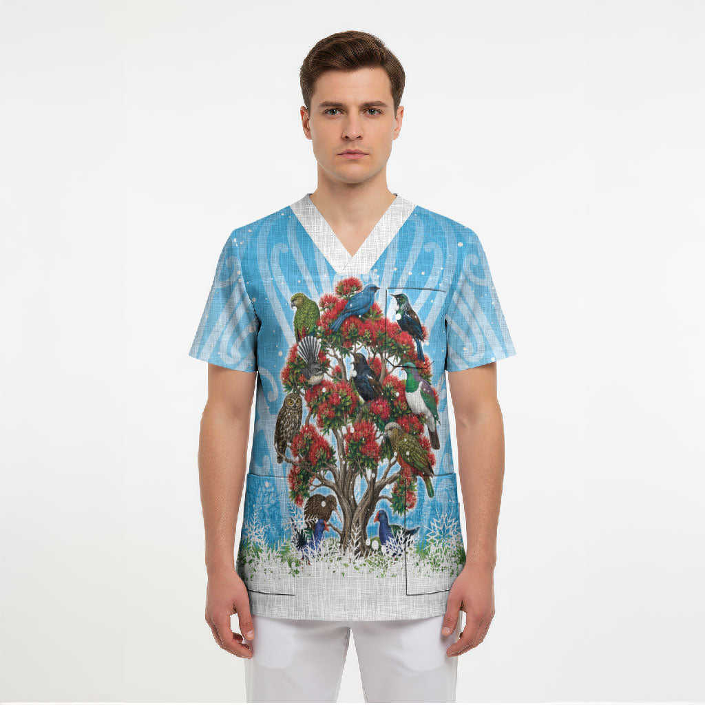 New Zealand Birds Christmas Scrub Top Pohutukawa Xmas Tree LT05 - Polynesian Pride