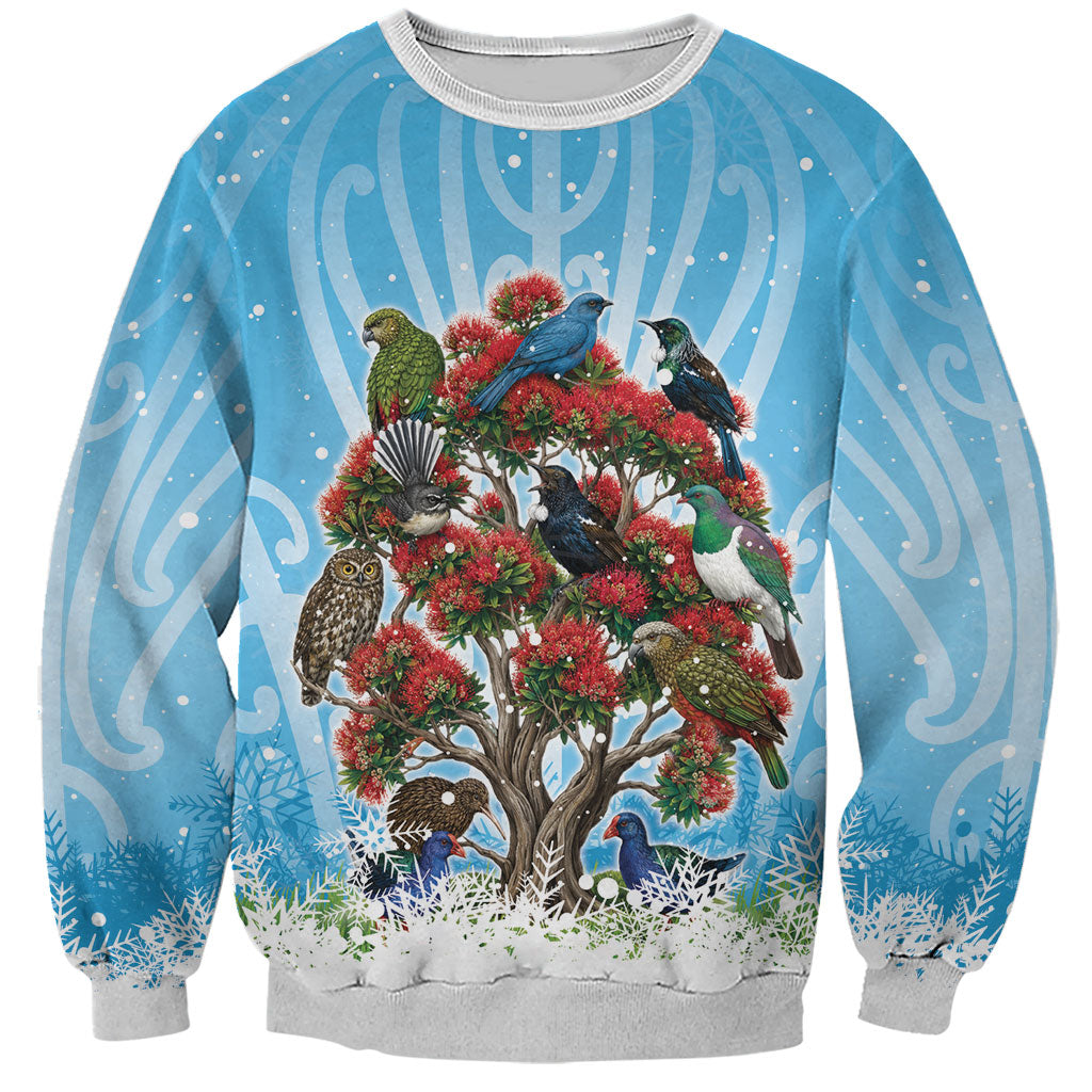 New Zealand Birds Christmas Sweatshirt Pohutukawa Xmas Tree LT05 Unisex Blue - Polynesian Pride
