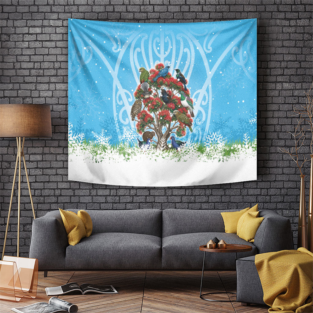 New Zealand Birds Christmas Tapestry Pohutukawa Xmas Tree LT05 Blue - Polynesian Pride