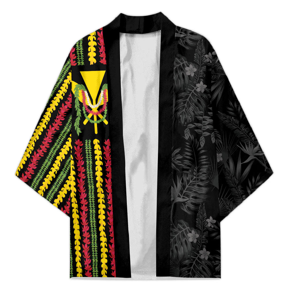 Hawaii Lei Kanaka Maoli Flag Kimono Tropical Vibes LT05 Unisex Black - Polynesian Pride