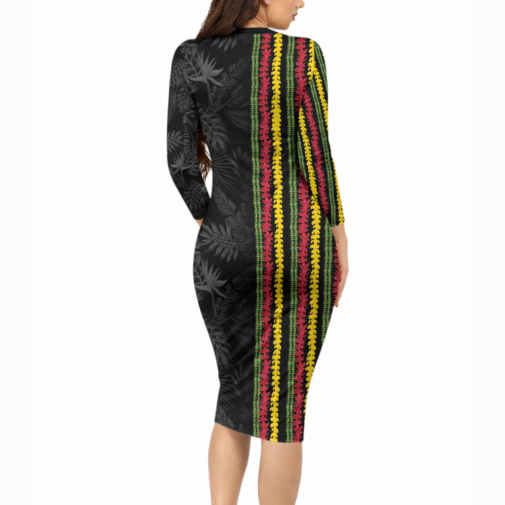 Hawaii Lei Kanaka Maoli Flag Long Sleeve Bodycon Dress Tropical Vibes LT05 - Polynesian Pride