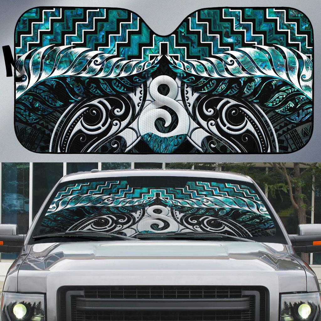 New Zealand Maori Auto Sun Shade Poutama Pikorua - Single Twist Paua Shell LT05 Turquoise - Polynesian Pride
