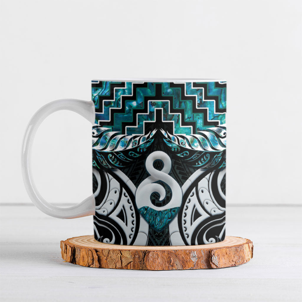 New Zealand Maori Ceramic Mug Poutama Pikorua - Single Twist Paua Shell LT05 Turquoise - Polynesian Pride