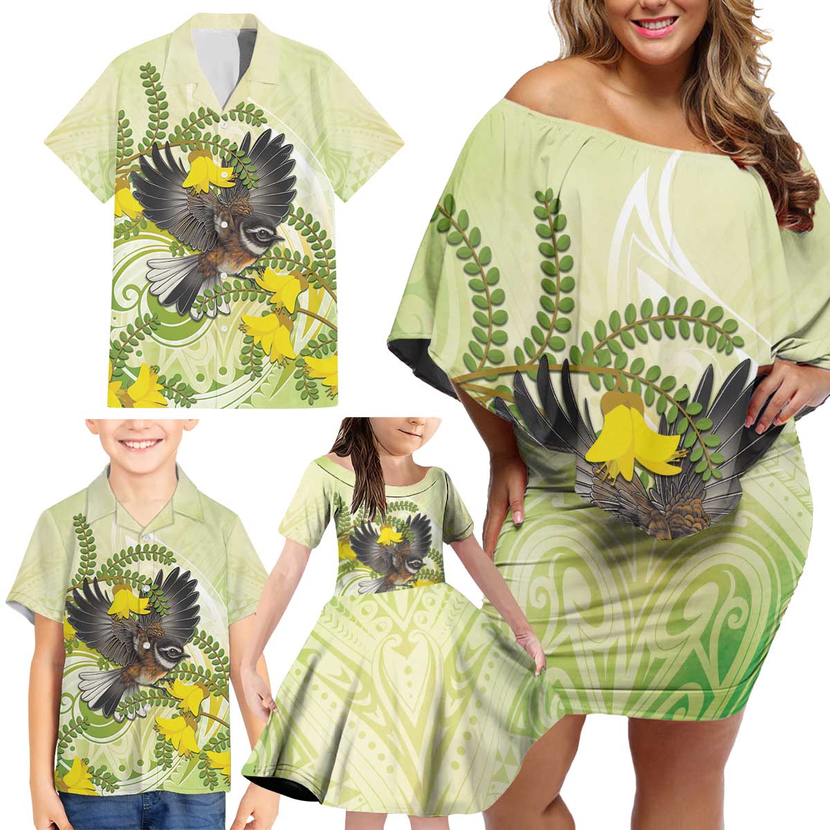 New Zealand Piwakawaka Fantail Bird Family Matching Off Shoulder Short Dress and Hawaiian Shirt With Kowhai Flowers