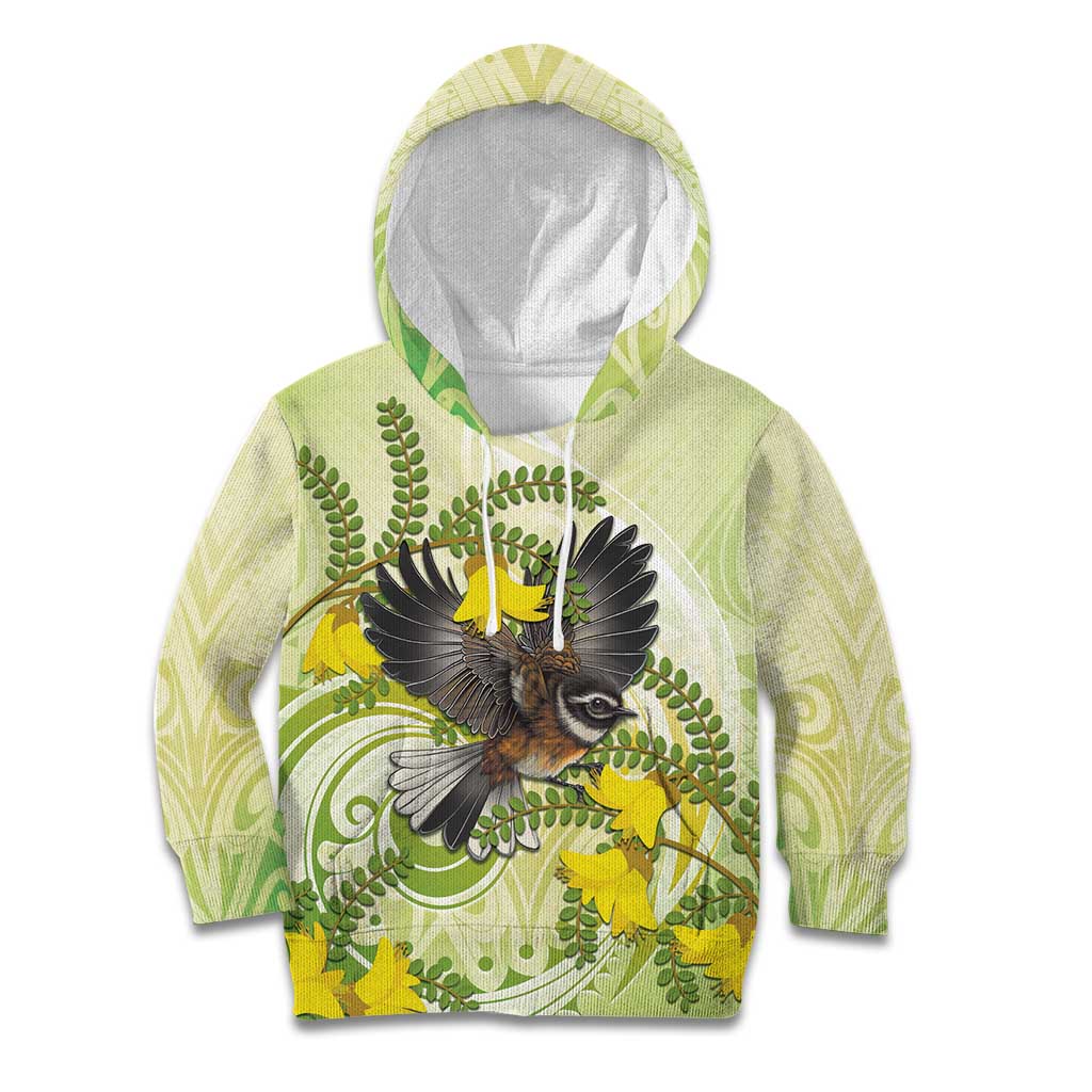 New Zealand Piwakawaka Fantail Bird Kid Hoodie With Kowhai Flowers