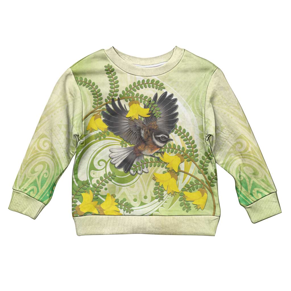 New Zealand Piwakawaka Fantail Bird Kid Ugly Christmas Sweater With Kowhai Flowers