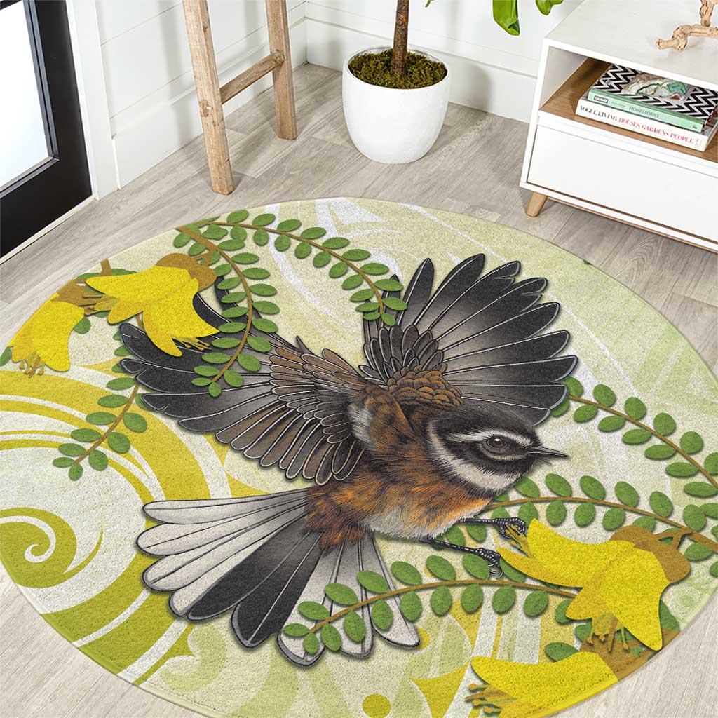 New Zealand Piwakawaka Fantail Bird Round Carpet With Kowhai Flowers