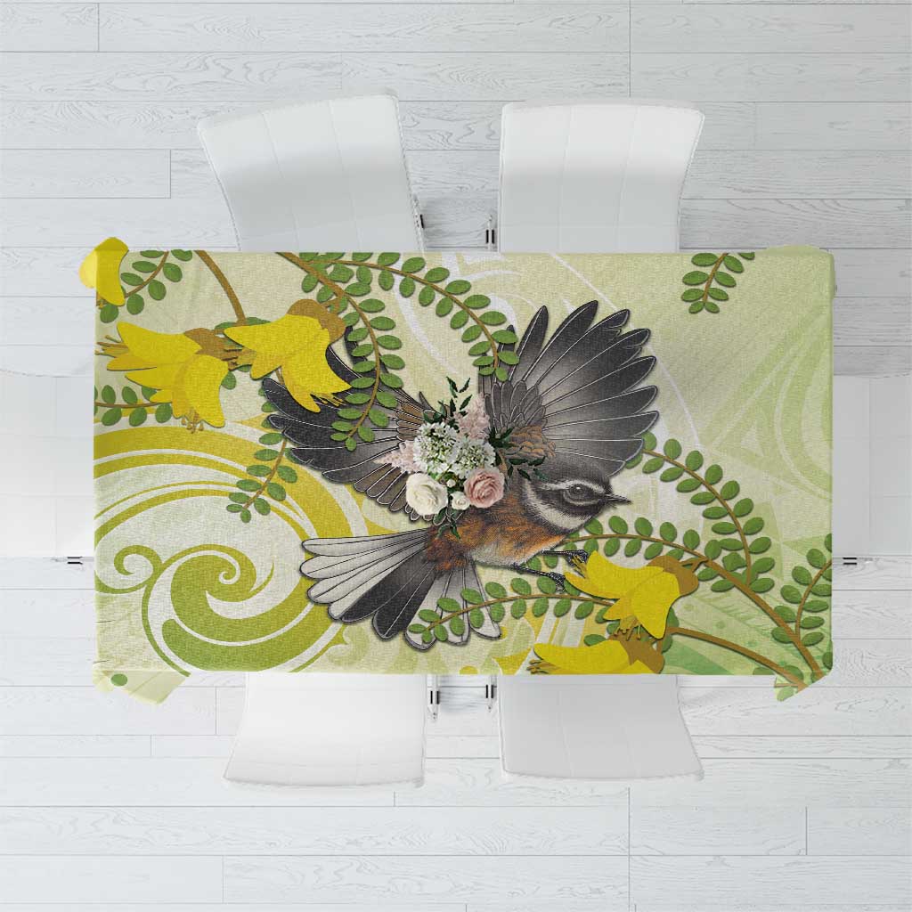 New Zealand Piwakawaka Fantail Bird Tablecloth With Kowhai Flowers