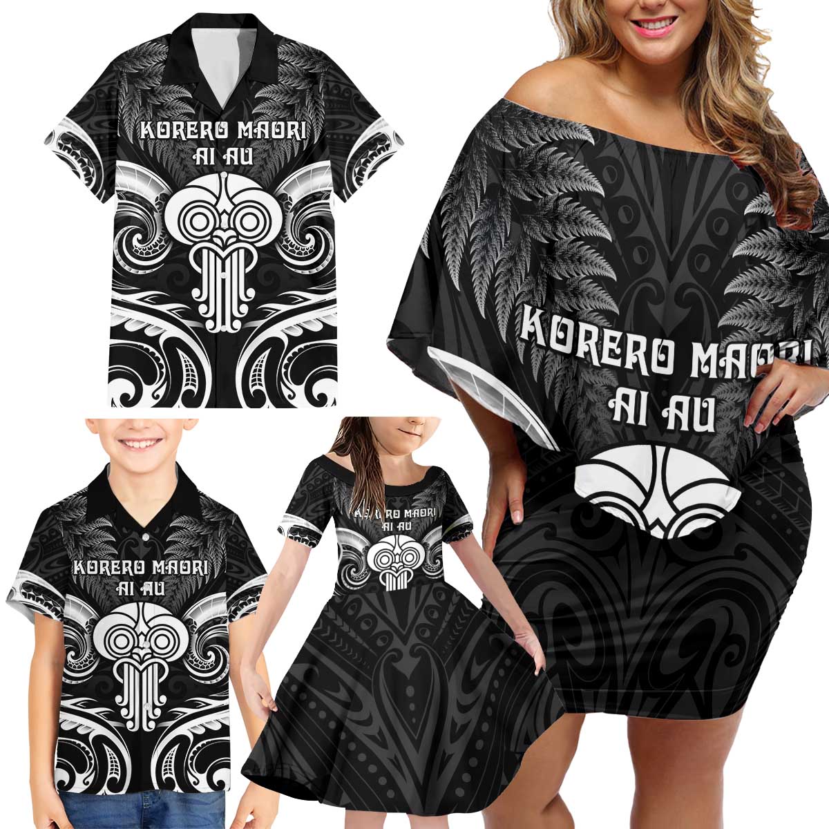 New Zealand Te Reo Maori Family Matching Off Shoulder Short Dress and Hawaiian Shirt Korero Maori Ai Au