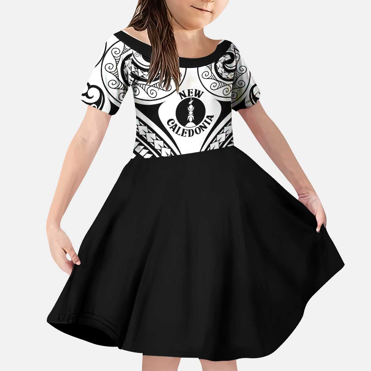 New Caledonia Day Kid Short Sleeve Dress Polynesian Curves White Color LT05 KID White - Polynesian Pride