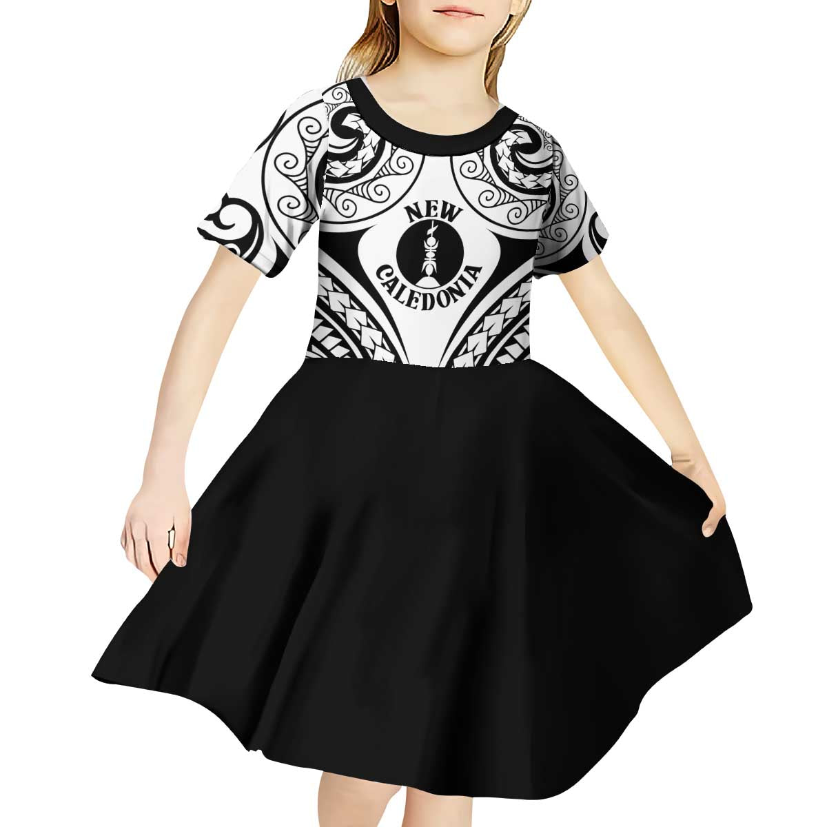 New Caledonia Day Kid Short Sleeve Dress Polynesian Curves White Color LT05 - Polynesian Pride