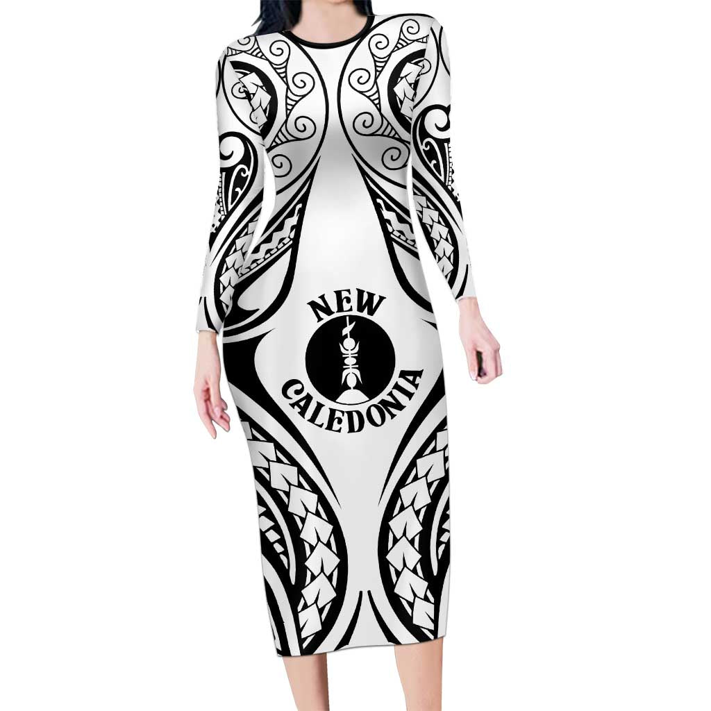 New Caledonia Day Long Sleeve Bodycon Dress Polynesian Curves White Color LT05 Long Dress White - Polynesian Pride