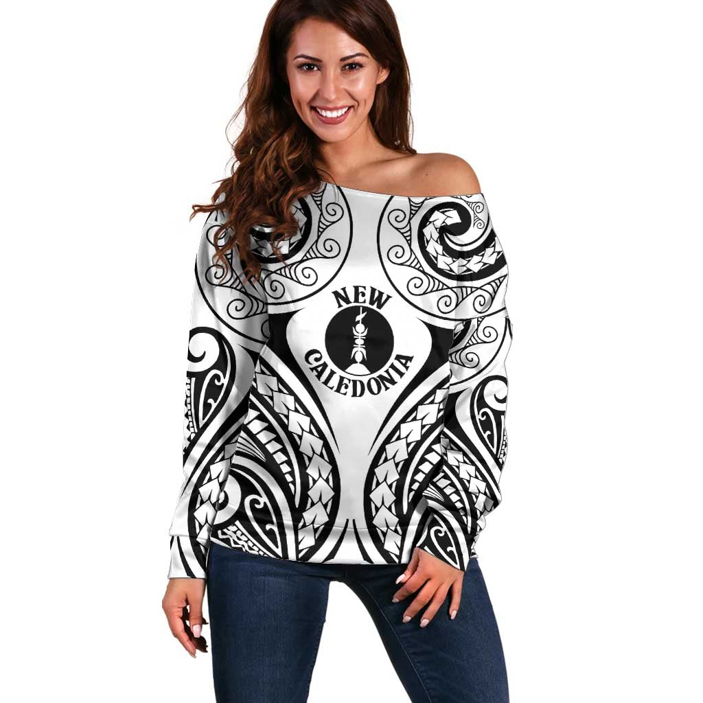 New Caledonia Day Off Shoulder Sweater Polynesian Curves White Color LT05 Women White - Polynesian Pride