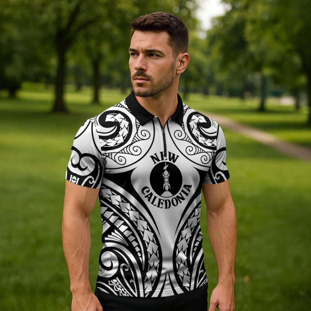 New Caledonia Day Zipper Polo Shirt Polynesian Curves White Color LT05 - Polynesian Pride