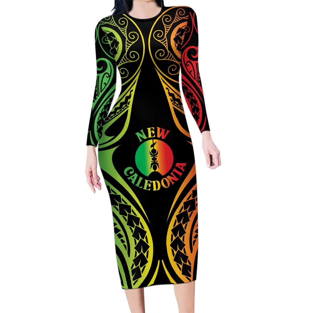 New Caledonia Day Long Sleeve Bodycon Dress Polynesian Curves Reggae Color LT05 Long Dress Reggae - Polynesian Pride
