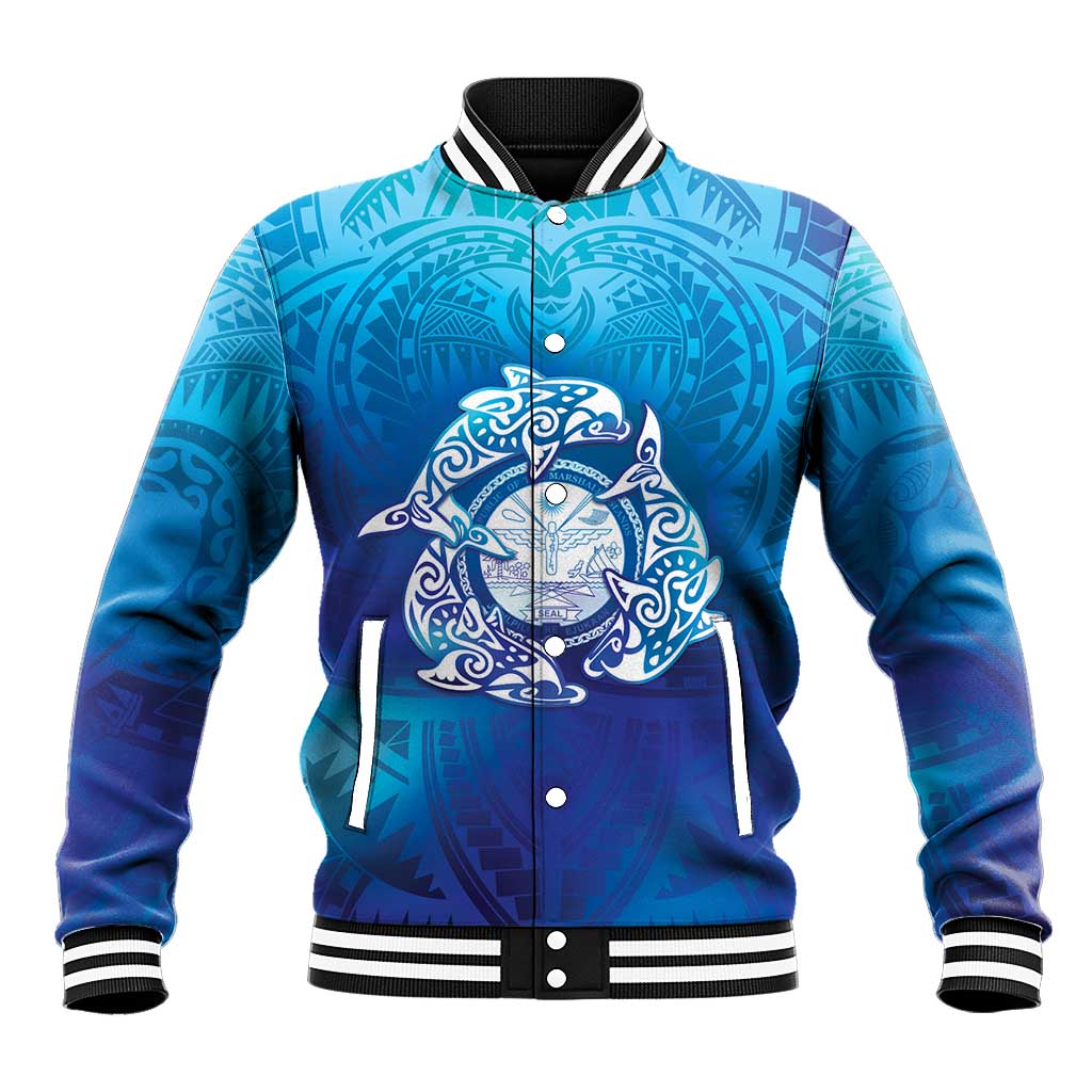 Marshall Islands Manit Day Baseball Jacket Tribal Dolphin With Marshall Seal LT05 Unisex Blue - Polynesian Pride