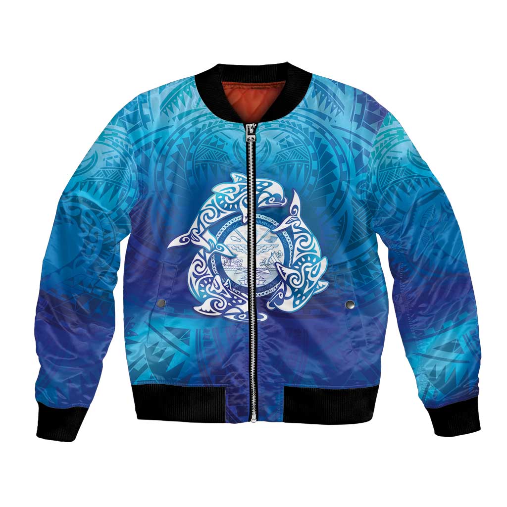 Marshall Islands Manit Day Bomber Jacket Tribal Dolphin With Marshall Seal LT05 Unisex Blue - Polynesian Pride