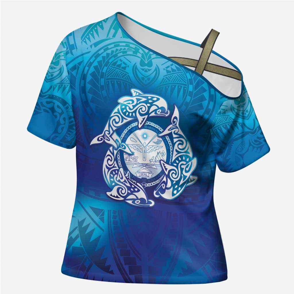 Marshall Islands Manit Day Cross Shoulder Shirt Tribal Dolphin With Marshall Seal LT05 Female Blue - Polynesian Pride