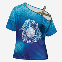 Marshall Islands Manit Day Cross Shoulder Shirt Tribal Dolphin With Marshall Seal LT05 Female Blue - Polynesian Pride